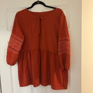 Source Unknown Terracotta Blouse with Button and Lace Accents
